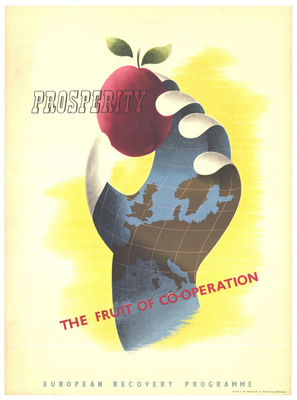 Prosperity, the fruit of co-operation.  Printed in the Netherlands by Kühn en Zoon, Rotterdam, this poster was entered into the competition by Britain and designed by Brian E. Dear (Ref. 1713).