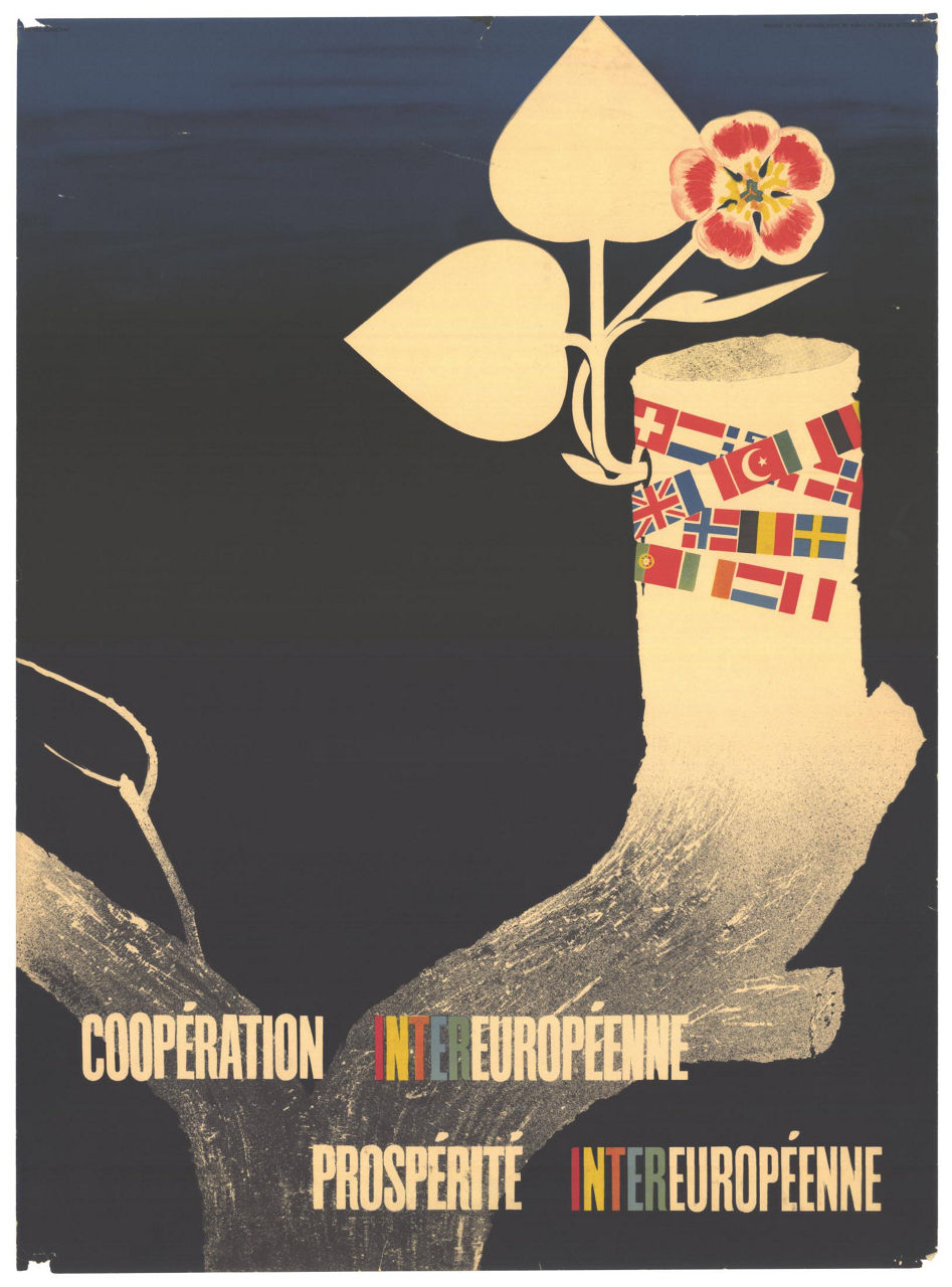 European cooperation, European prosperity  Coopération intereuropéenne - Prospérité intereuropéenne (English:  Inter-European cooperation - Inter-European prosperity). The graphic artist Pierre Gauchat designed this Swiss entry. The poster was printed in the Netherlands by Kühn en Zoon, Rotterdam (Ref. 1709).