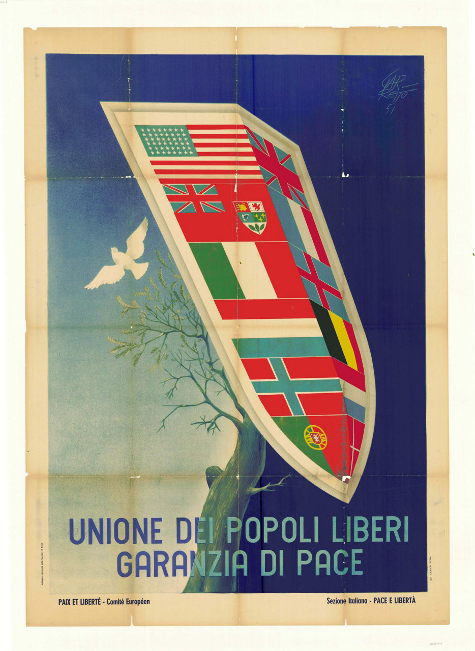 Poster shows a shield composed of Allied flags, with a dove behind it.