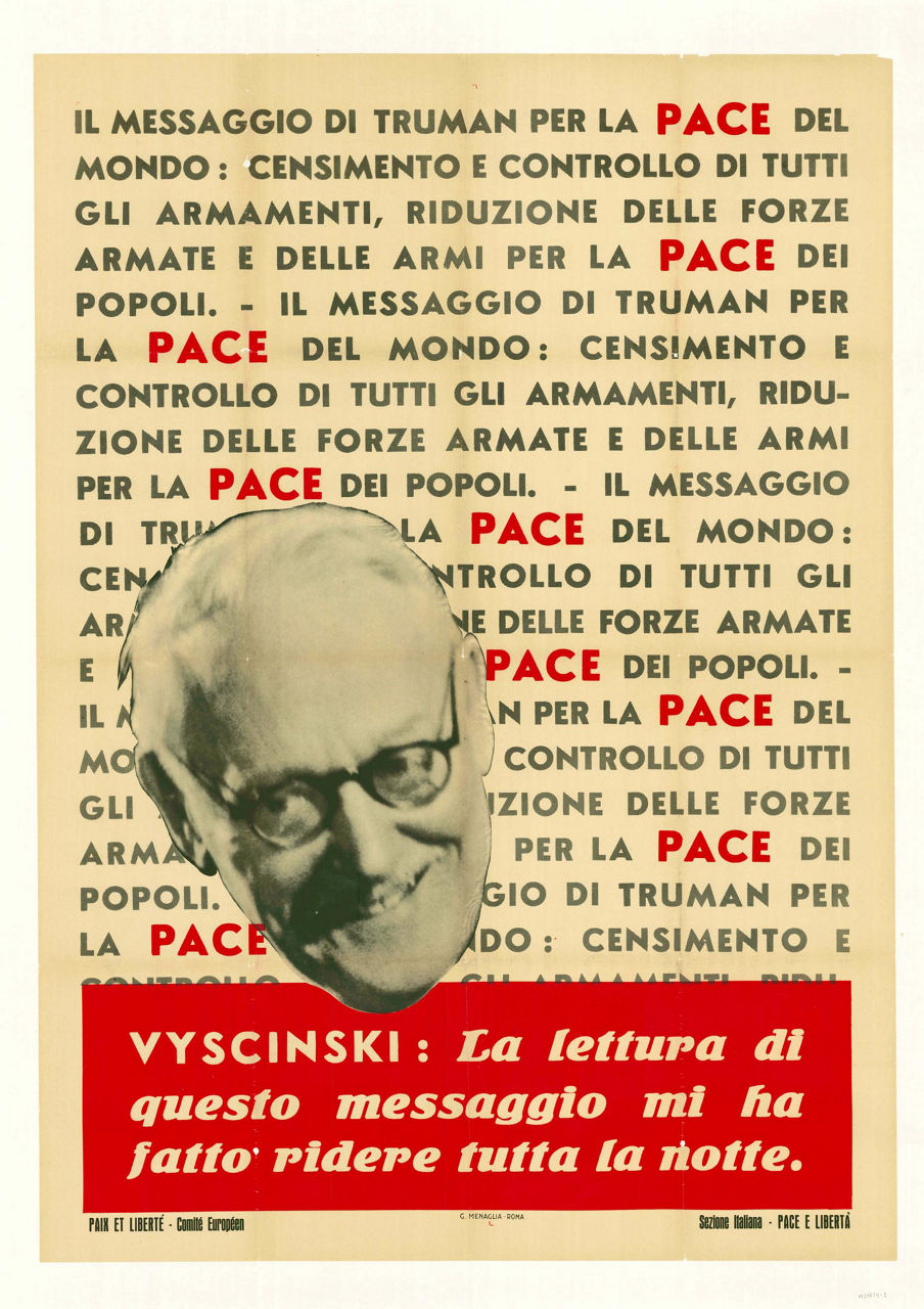 Soviet Foreign Minister Andrei Vyshinsky's smiling head superimposed over a message in Italian.