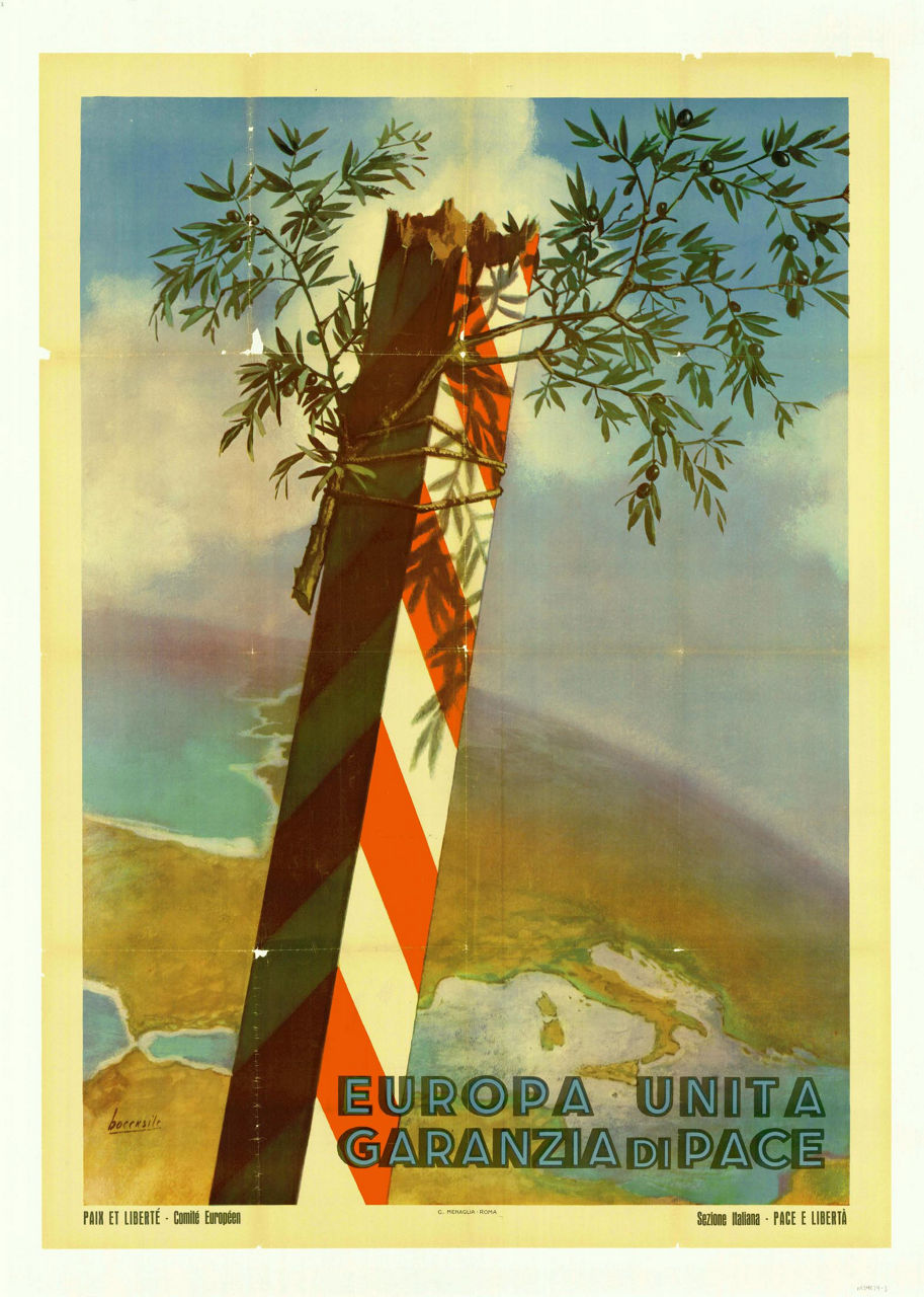 A striped wooden beam with small green branches sprouting from it, with Europe in the background