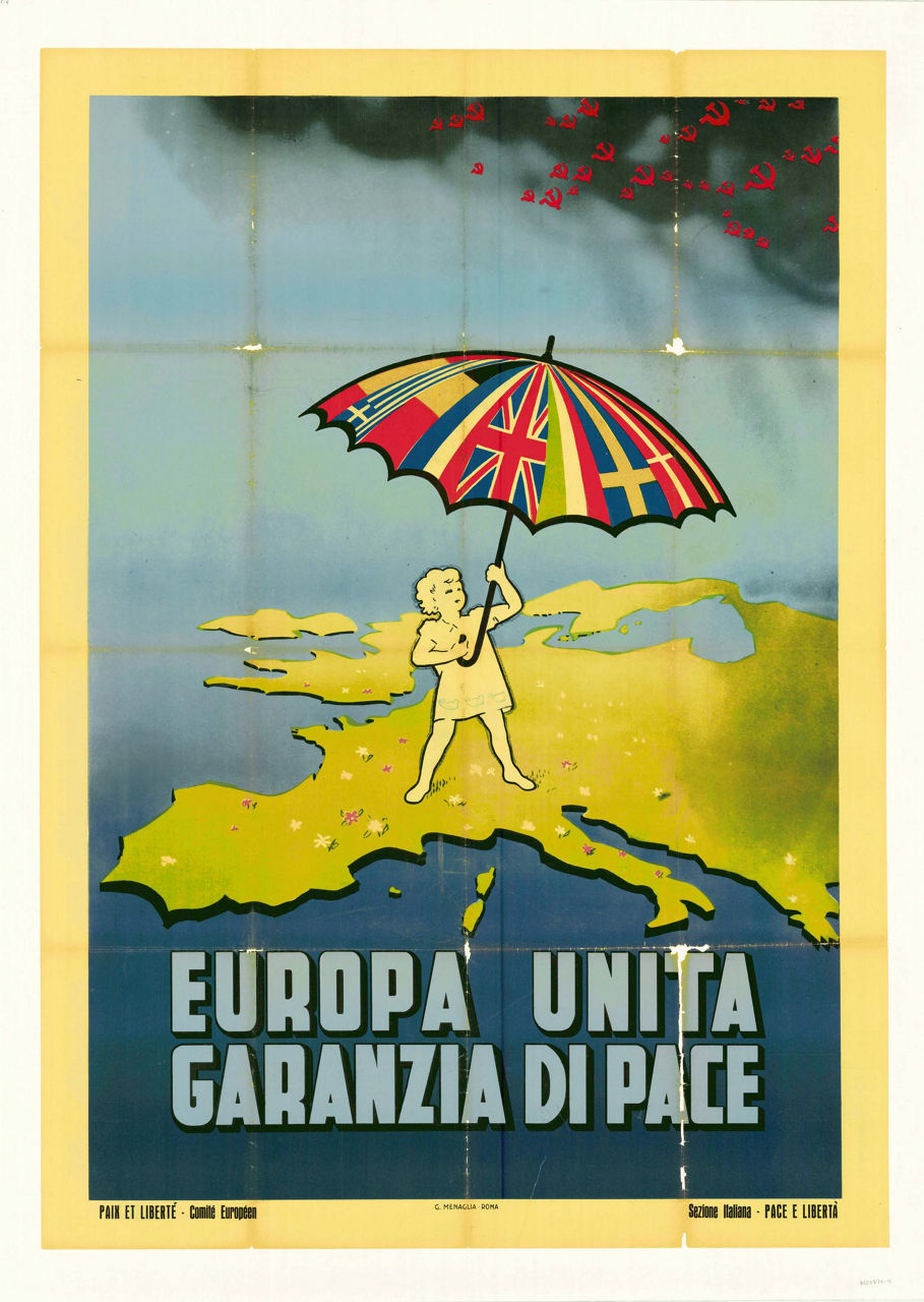 A child stands on the European continent, holding an umbrella composed of Allied national flags, protecting the continent from a dark storm cloud with Soviet hammer-and-sickle raindrops
