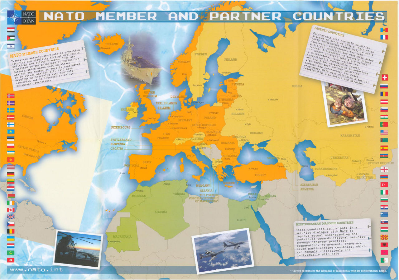 NATO members and partner countries: an educational poster representing NATO member and partner countries in 2004, after the accession of seven new members in March of the same year. Designed by Wim Didelez, Belgium (Ref. 1760 and 1762).