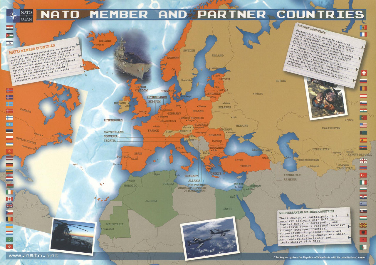 NATO members and partner countries: an educational poster representing NATO member and partner countries in 2004, after the accession of seven new members in March of the same year. Designed by Wim Didelez, Belgium (Ref. 1760 and 1762).