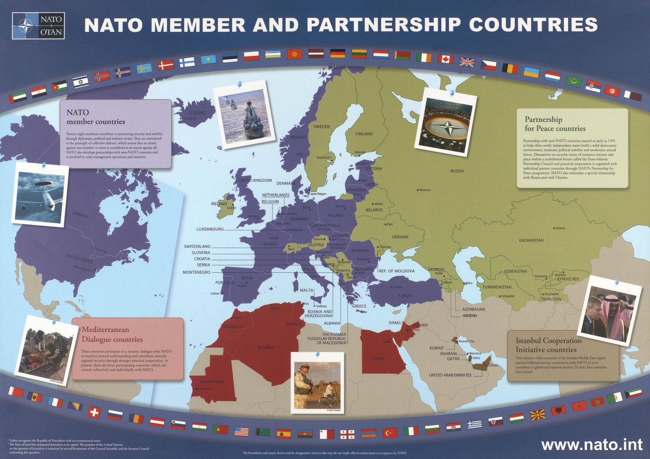 A newly designed poster by Tamtam, Belgium (2010) reflecting the accession of Albania and Croatia and the return of Malta to NATO's partnership programmes. The Istanbul Cooperation Initiative countries also feature on the updated map (Ref. 1764).