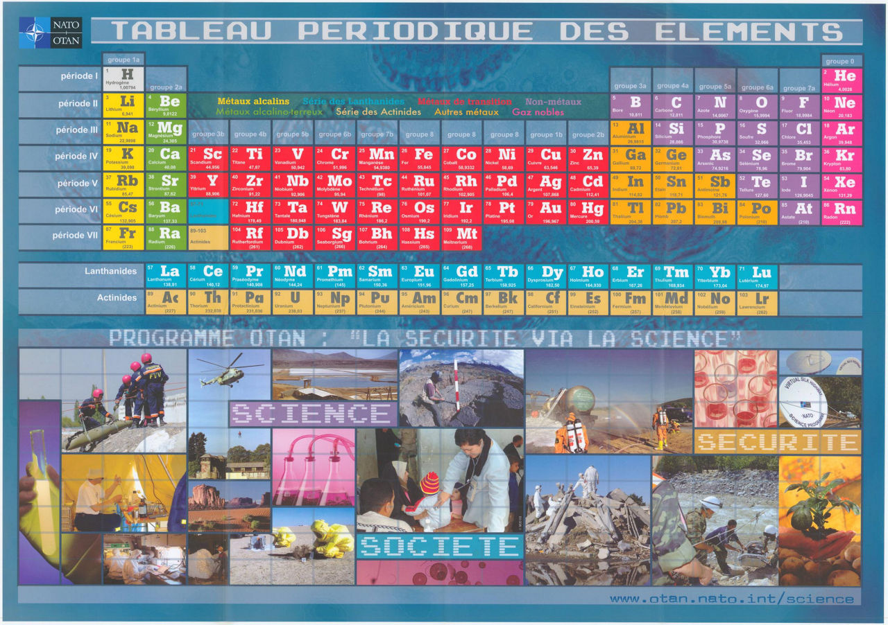 Tableau périodique des éléments. A French version of the awareness-raising poster that also shows the scientific areas in which NATO works (Ref. 1774 and 1776).