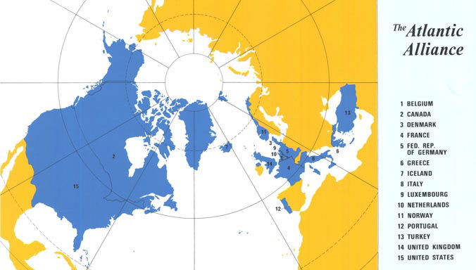 Poster showing the geographical location of NATO’s 15 member countries (circa 1955)