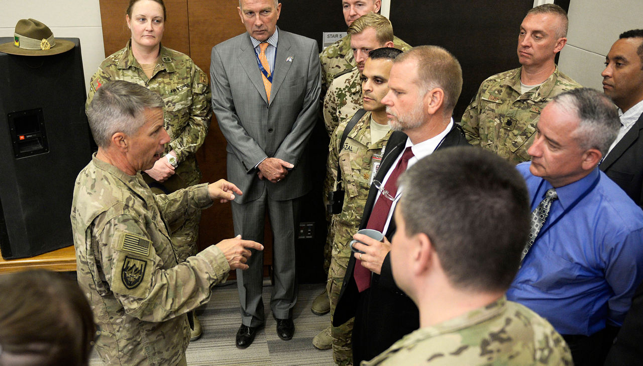 Maj. Gen. Todd Semonite, commanding general, Combined Security Transition Command-Afghanistan, thanks Resolute Support personnel for their role in helping secure a $200 million contribution from NATO allies and partners for the Afghanistan Infrastructure Trust Fund. The contribution will enable the Afghan National Defense and Security Forces to transition from expensive, unreliable diesel-generated fuel to the more cost-effective regional grid, while expanding power capacity. The transition will promote regulated systems and transparency by alleviating reliance on fuel and stimulates financial development and stability in Afghanistan. (U.S. Military photo by Tommy Fuller/Released)