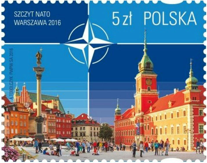 2016 Polish NATO stamp, showing an illustrated scene of central Warsaw
