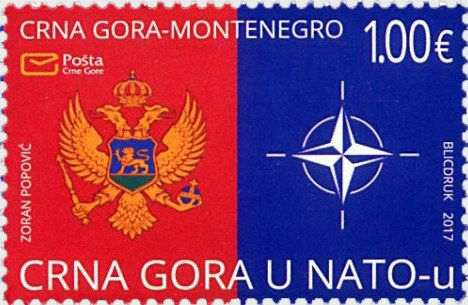 2017 Montenegrin NATO stamp, which combines NATO’s iconic blue and compass with the red background and national coat of arms from Montenegro’s flag