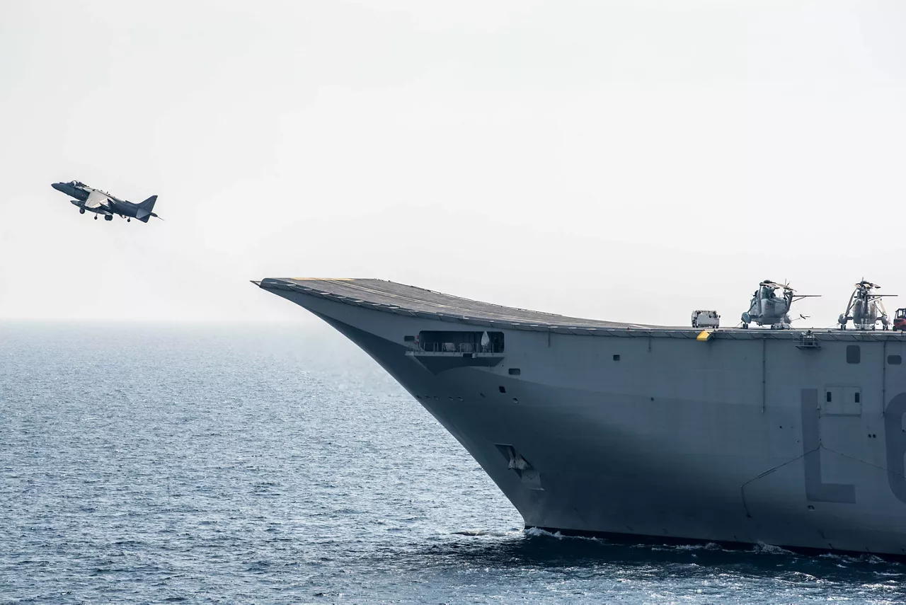 MEDITERRANEAN SEA, October. 4. 2017. GEN. ESPS Juan Carlos I launches its jets AV-8B Harrier II Plus,  as part of the rehearsal  for Distinguished Visitors Day during Brilliant Mariner 17 exercise. 2017 is a NATO-Led exercise to certify France Maritime Component Command (MCC) capability as the preparation of NATO Response Force 2018. This year, Brilliant Mariner 17, involve 3500 personnels from 13 nations, 27 warships, 2 Maritime Patrol Aircraft, 1 submarine as well as amphibious assets.  NATO Photo by FRAN CPO Christian Valverde.