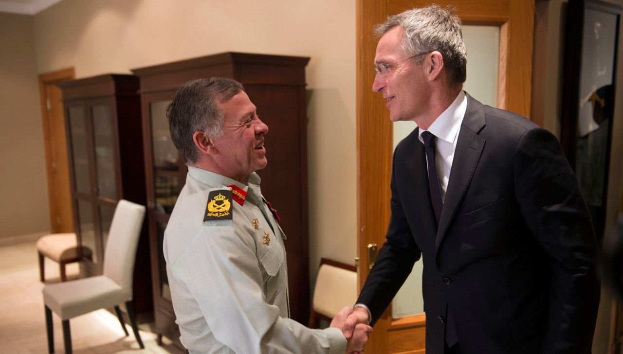 NATO Secretary General meets King Abdullah II Al Hussein, the King of the Hashemite Kingdom of Jordan, in Amman, Jordan, March 6, 2018. Secretary General Stoltenberg visited Jordan to meet with key leaders in the government and military and thank them for their continued partnership. (NATO photo by Tech. Sgt. Cody H. Ramirez, USAF)