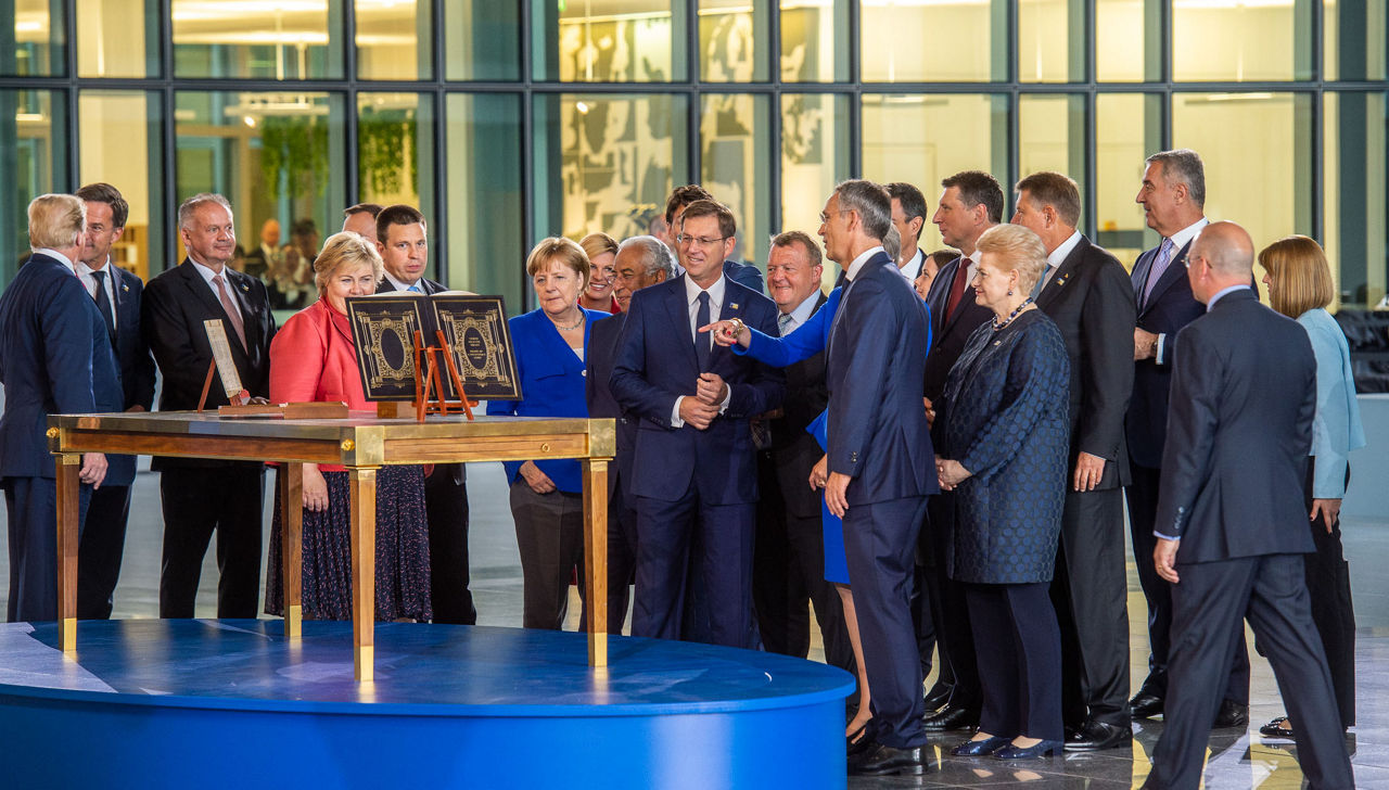 Left to right: German Chancellor Angela Merkel; Miro Cerar (Prime Minister of Slovenia); NATO Secretary General Jens Stoltenberg; President Dalia Grybauskaite of Lithuania