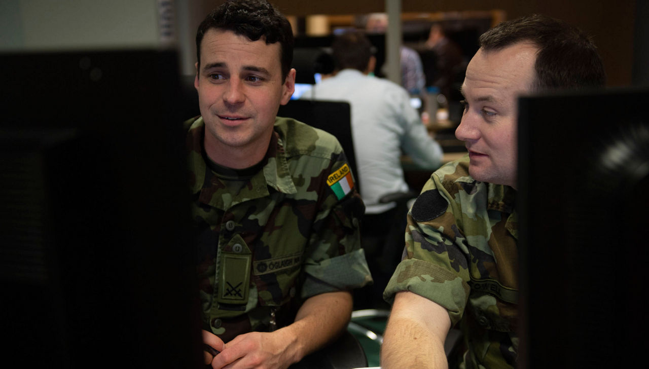 181128-N-GP524-0005TARTU, Estonia (November 28, 2018) Irish Soldiers work in the Operation Centre as part of Exercise Cyber Coalition 2018. NATO Allies, Partners and Representatives participated in Exercise Cyber Coalition 2018 in Tartu, Estonia. Cyber Coalition is NATO’s flagship cyber exercise and is currently in its eleventh iteration. (NATO Photo by Mass Communication Specialist 2nd Class Brett Dodge)