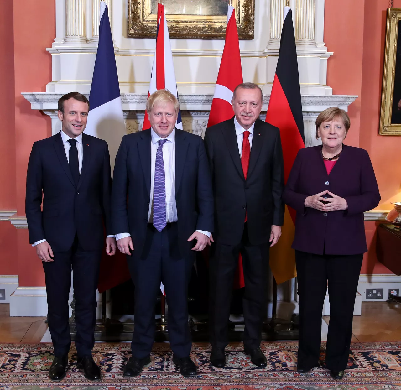 Emmanuel Macron (President, France), Boris Johnson (UK Prime Minister), Recep Tayyip Erdogan (President, Turkey) and Angela Merkel (German Chancellor)