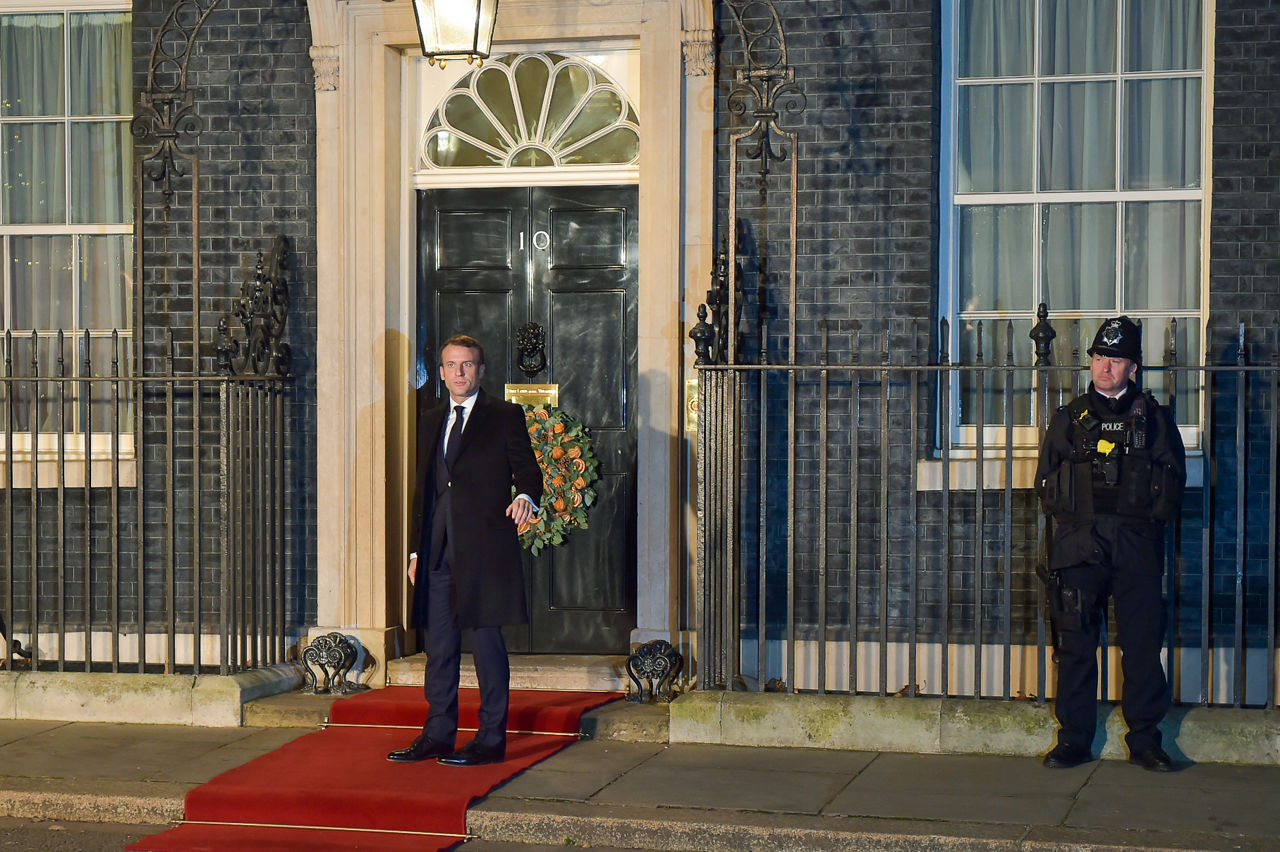 President Emmanuel Macron of France arrives at 10 Downing Street