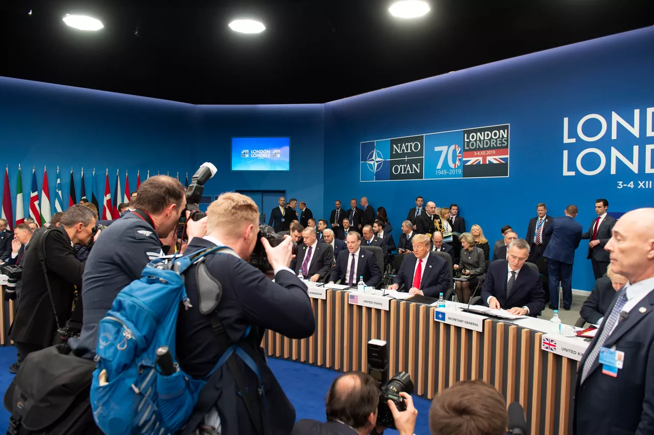 Left to right: President Recep Tayyip Erdogan (Turkey); Dominic Raab (Secretary of State for Foreign Affairs); US President Donald Trump; NATO Secretary General Jens Stoltenberg
Being photographed by the press and media