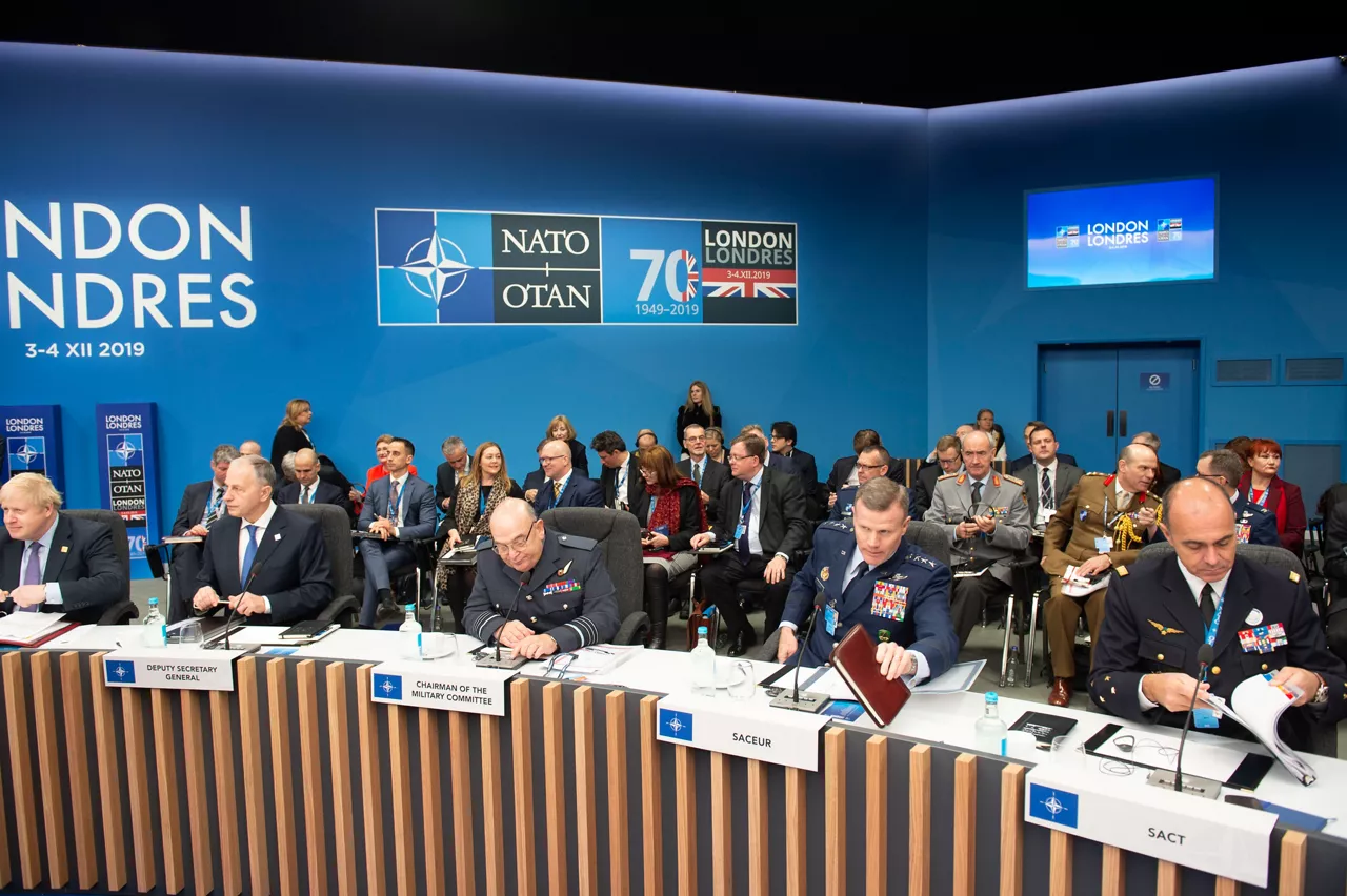 Left to right: Boris Johnson (UK Prime Minister); NATO Deputy Secretary General Mircea Geoana; Air Chief Marshal Sir Stuart Peach (Chairman of the NATO Military Committee); General Tod Wolters (Supreme Allied Commander Europe); General Andre Lanata (Supreme Allied Commander Transformation)