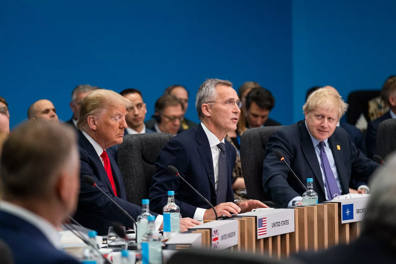 Left to right: US President Donald Trump with NATO Secretary General Jens Stoltenberg and Boris Johnson (UK Prime Minister)