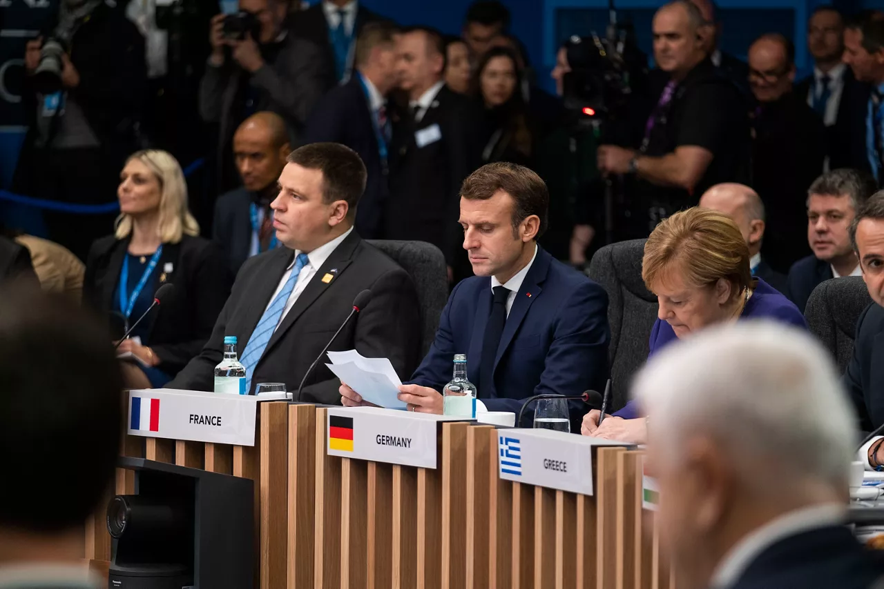 Left to right: Juri Ratas (Prime Minister of Estonia) with President Emmanuel Macron of France and German Chancellor Angela Merkel