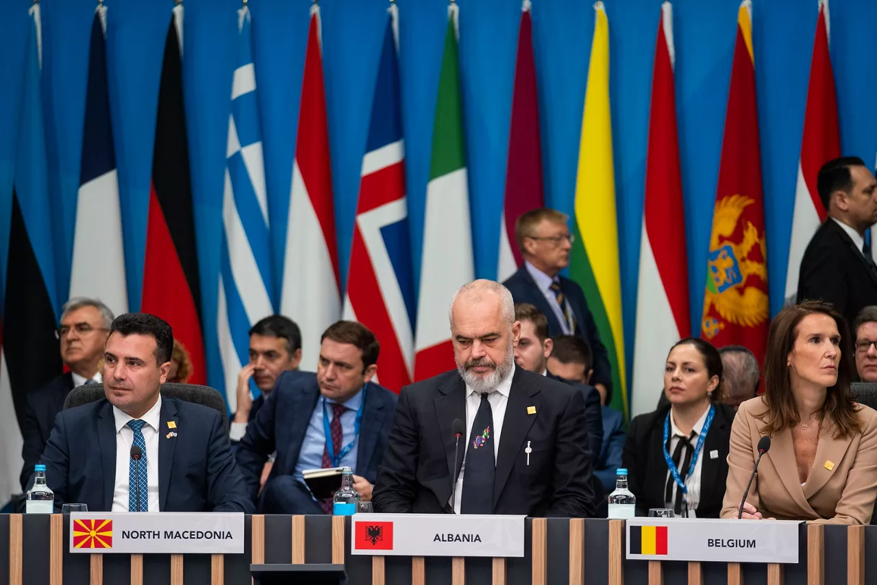 Left to right: Zoran Zaev (Prime Minister, North Macedonia) with Edi Rama (Prime Minister of Albania) and Sophie Wilmes (Prime Minister of Belgium)