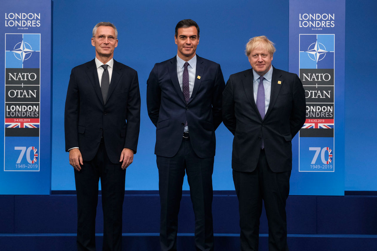 NATO Secretary General Jens Stoltenberg, Pedro Sanchez (Prime Minister, Spain) and Boris Johnson (Prime Minister of the United Kingdom)