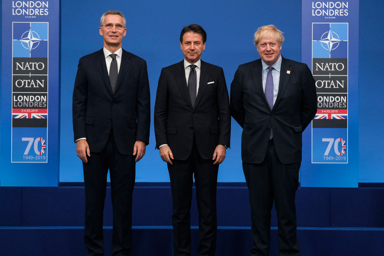 NATO Secretary General Jens Stoltenberg, Giuseppe Conte (Prime Minister, Italy) and Boris Johnson (Prime Minister of the United Kingdom)