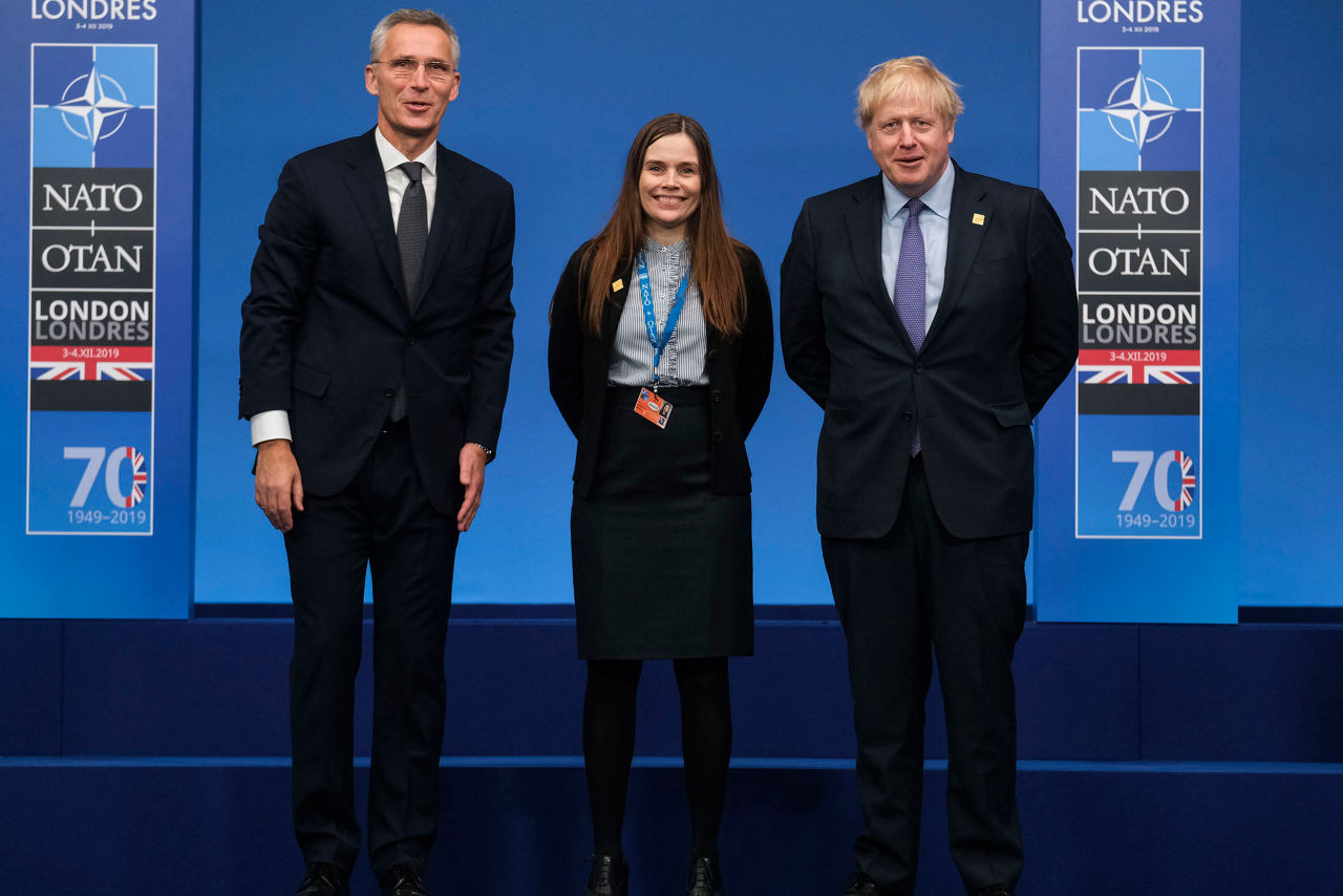NATO Secretary General Jens Stoltenberg, Katrin Jakobsdottir (Prime Minister, Iceland) and Boris Johnson (Prime Minister of the United Kingdom)