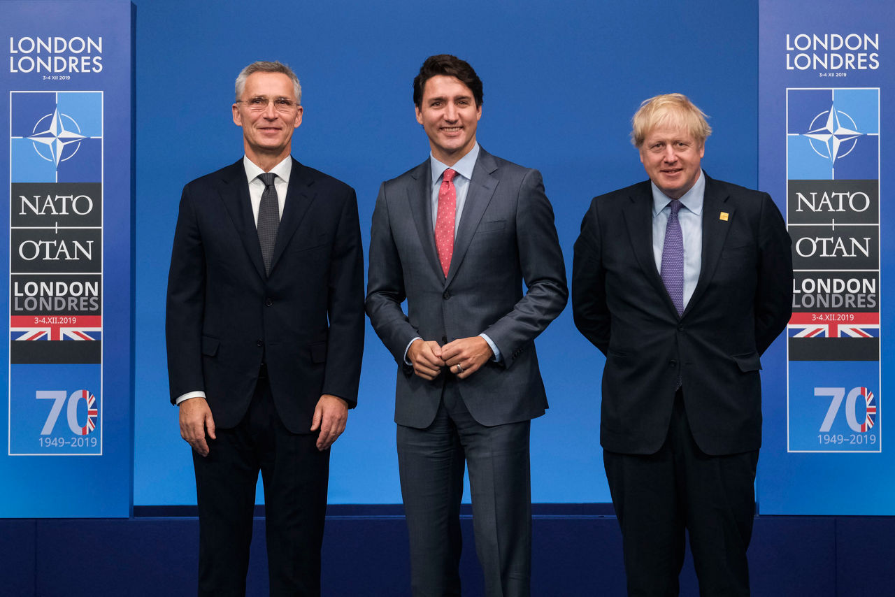 NATO Secretary General Jens Stoltenberg, Justin Trudeau (Prime Minister, Canada) and Boris Johnson (Prime Minister of the United Kingdom)