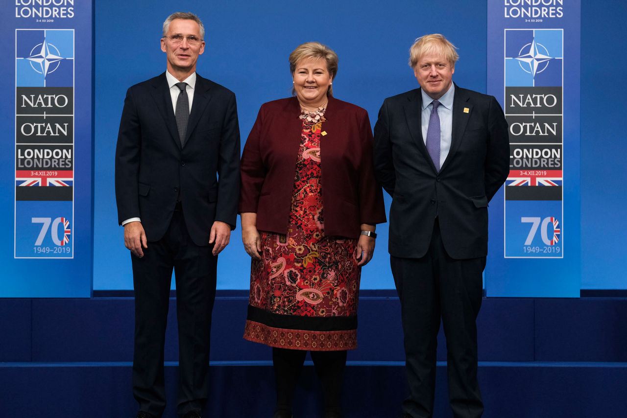 NATO Secretary General Jens Stoltenberg, Erna Solberg (Prime Minister, Norway) and Boris Johnson (Prime Minister of the United Kingdom)
