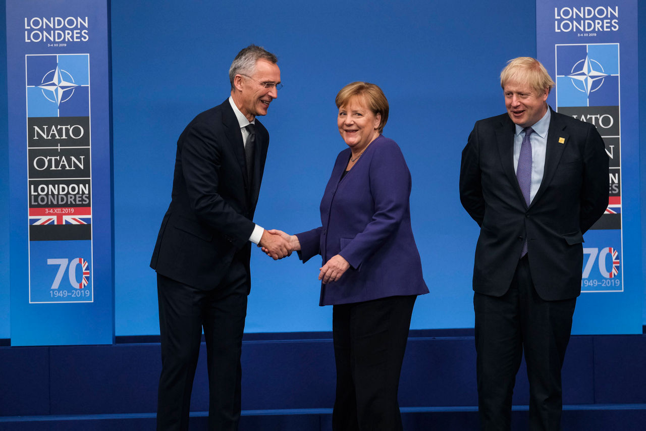 NATO Secretary General Jens Stoltenberg, Angela Merkel (German Chancellor) and Boris Johnson (Prime Minister of the United Kingdom)