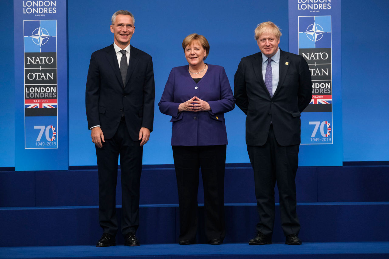 NATO Secretary General Jens Stoltenberg, Angela Merkel (German Chancellor) and Boris Johnson (Prime Minister of the United Kingdom)
