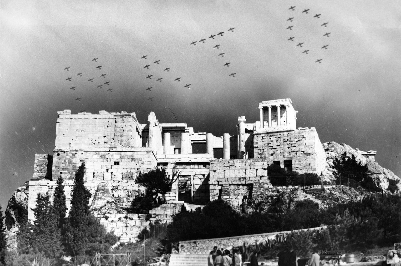 Planes in N-A-T-O formation over the Parthenon in Athens, Greece