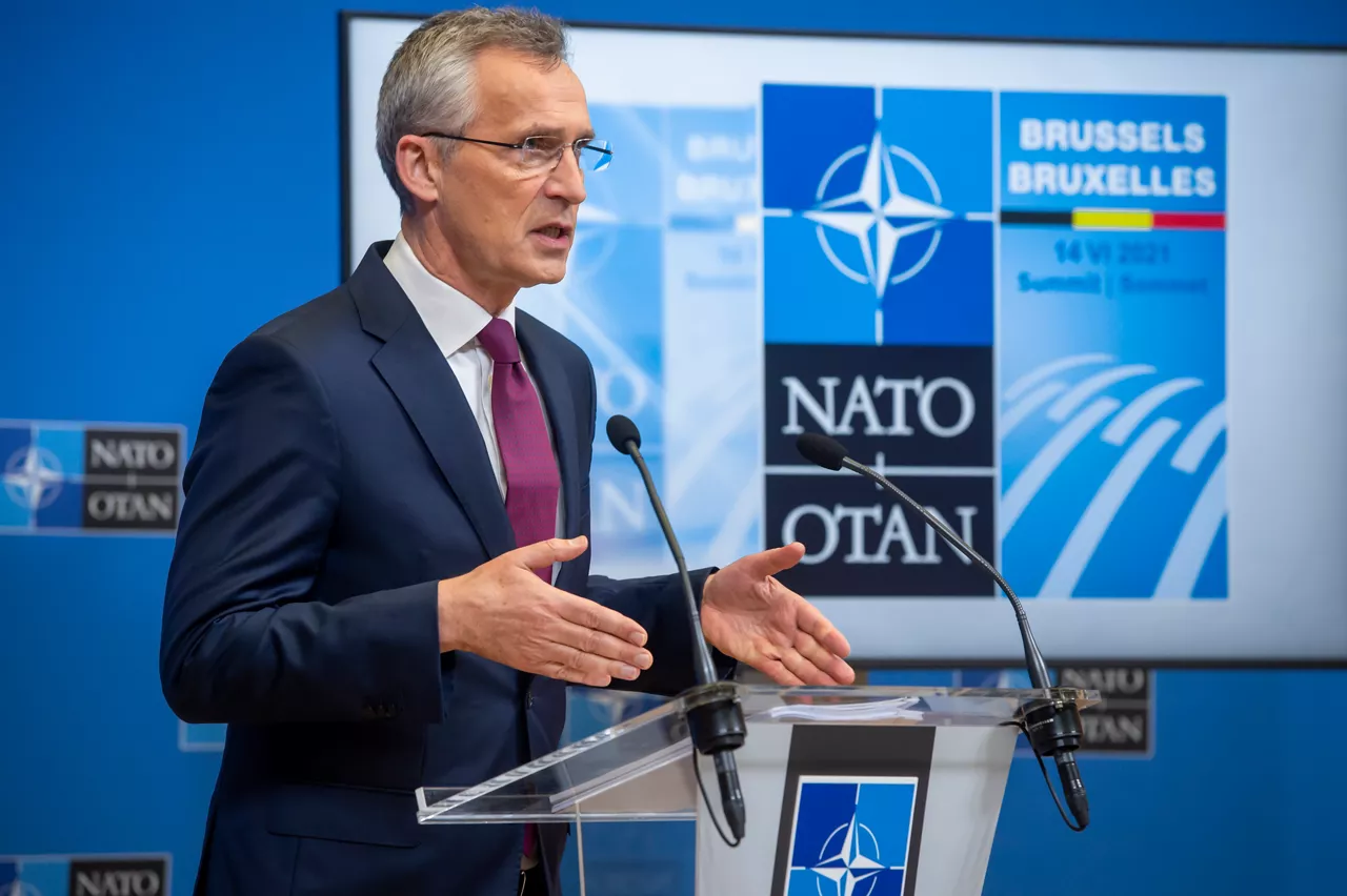 NATO Secretary General Jens Stoltenberg briefs the press ahead of the meeting of NATO Heads of State and Government, at NATO Headquarters on 14 June 2021