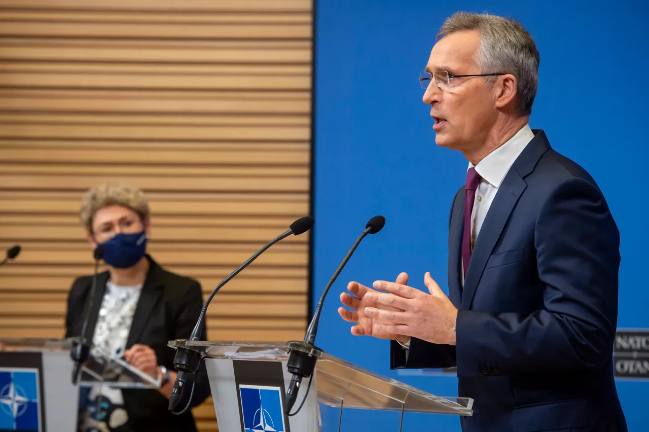 NATO Secretary General Jens Stoltenberg briefs the press ahead of the meeting of NATO Heads of State and Government, at NATO Headquarters on 14 June 2021