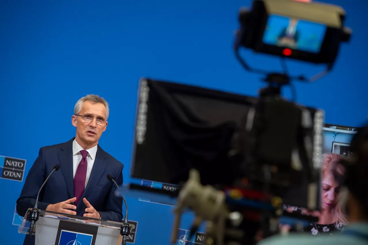 NATO Secretary General Jens Stoltenberg briefs the press ahead of the meeting of NATO Heads of State and Government, at NATO Headquarters on 14 June 2021