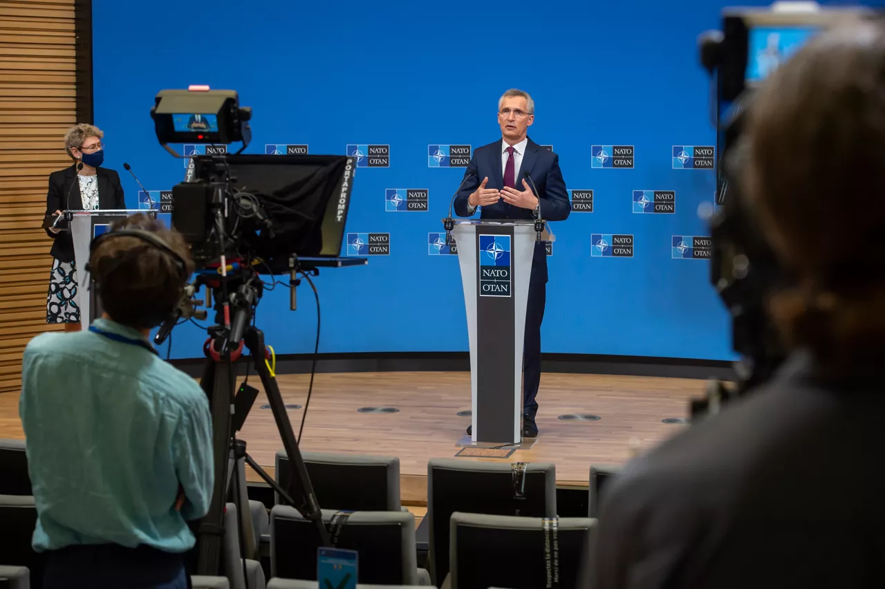 NATO Secretary General Jens Stoltenberg briefs the press ahead of the meeting of NATO Heads of State and Government, at NATO Headquarters on 14 June 2021