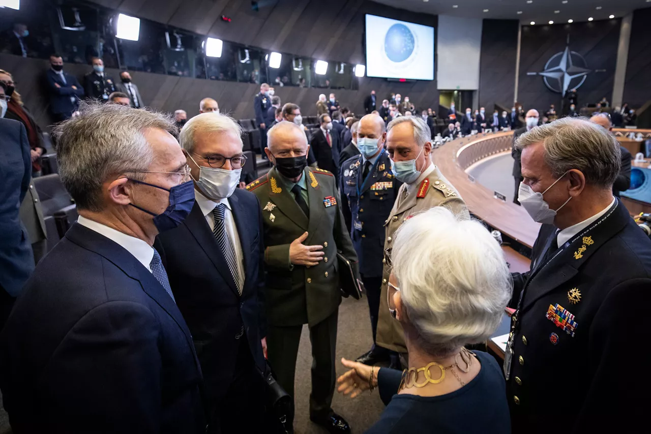 Left to right: Left to right: NATO Secretary General Jens Stoltenberg; Alexander Grushko (Deputy Minister of Foreign Affairs, Russian Federation); Alexander Fomin (Deputy Minister of Defence, Russian Federation); Wendy R. Sherman (US Deputy Secretary of S
