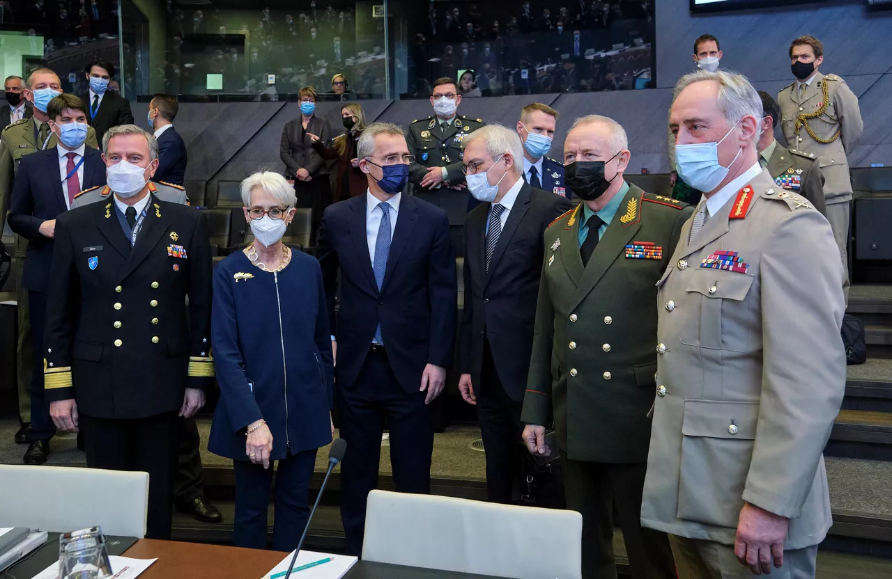 Left to right: Admiral Rob Bauer (Chair NATO Military Committee); Wendy R. Sherman (US Deputy Secretary of State); NATO Secretary General Jens Stoltenberg); Alexander Grushko (Deputy Minister of Foreign Affairs, Russian Federation); Alexander Fomin (Deput