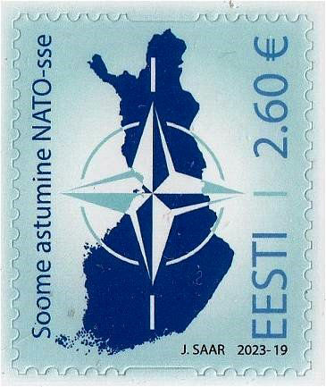 2023 Estonian NATO stamp, with an outline of Finland superimposed with the NATO logo