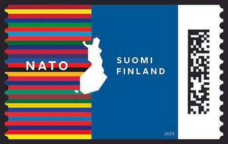 2023 Finnish NATO stamp, with colours of the NATO Allies and an outline of Finland's borders