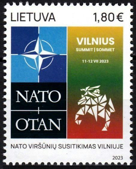 2023 Lithuanian NATO stamp, featuring the 2023 Vilnius Summit logo