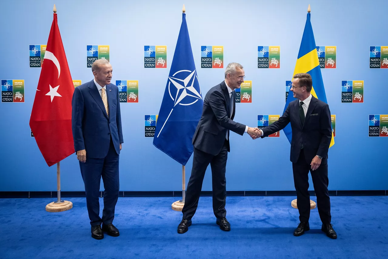 President Recep Tayyip Erdogan (Türkiye) with NATO Secretary General Jens Stoltenberg and Ulf Kristersson (Prime Minister of Sweden)