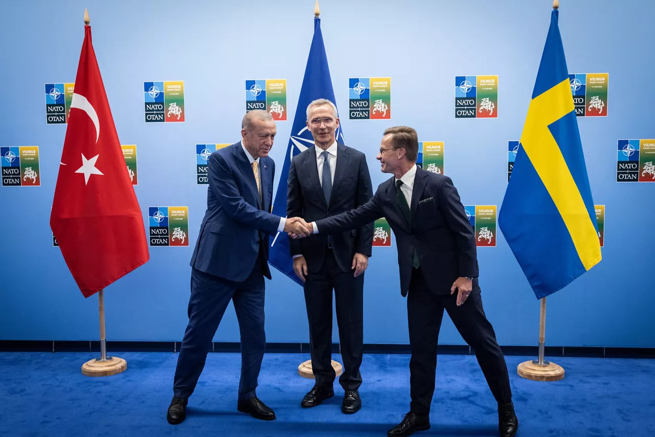 President Recep Tayyip Erdogan (Türkiye) with NATO Secretary General Jens Stoltenberg and Ulf Kristersson (Prime Minister of Sweden)