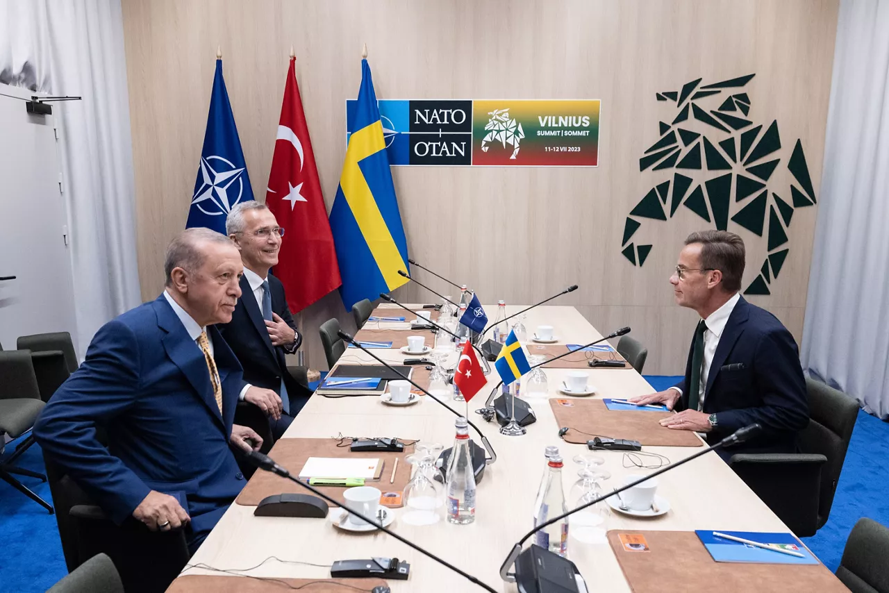 President Recep Tayyip Erdogan (Türkiye) with NATO Secretary General Jens Stoltenberg and Ulf Kristersson (Prime Minister of Sweden)