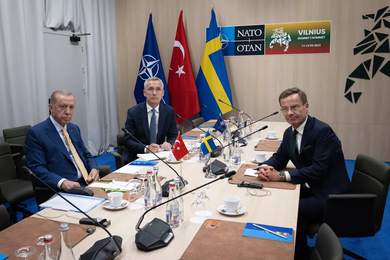 President Recep Tayyip Erdogan (Türkiye) with NATO Secretary General Jens Stoltenberg and Ulf Kristersson (Prime Minister of Sweden)
