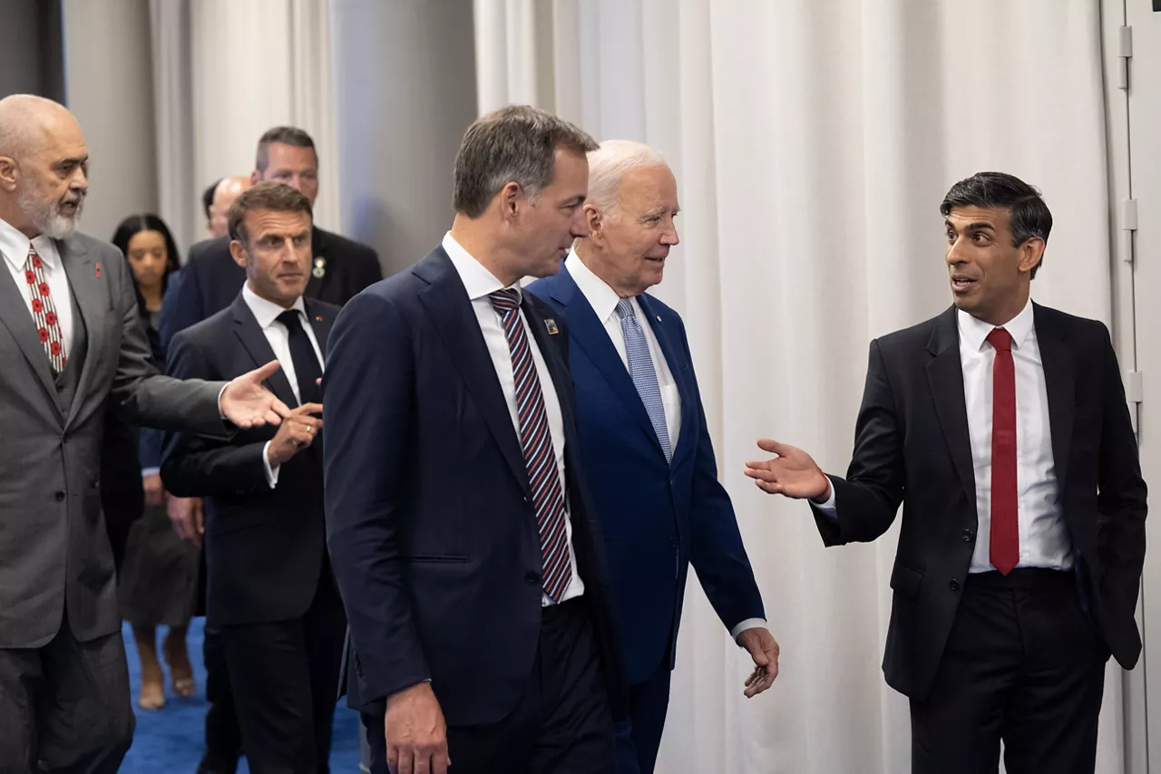 Left to right: Alexander De Croo (Prime Minister of Belgium) with US President Joe Biden and Rishi Sunak (UK Prime Minister)