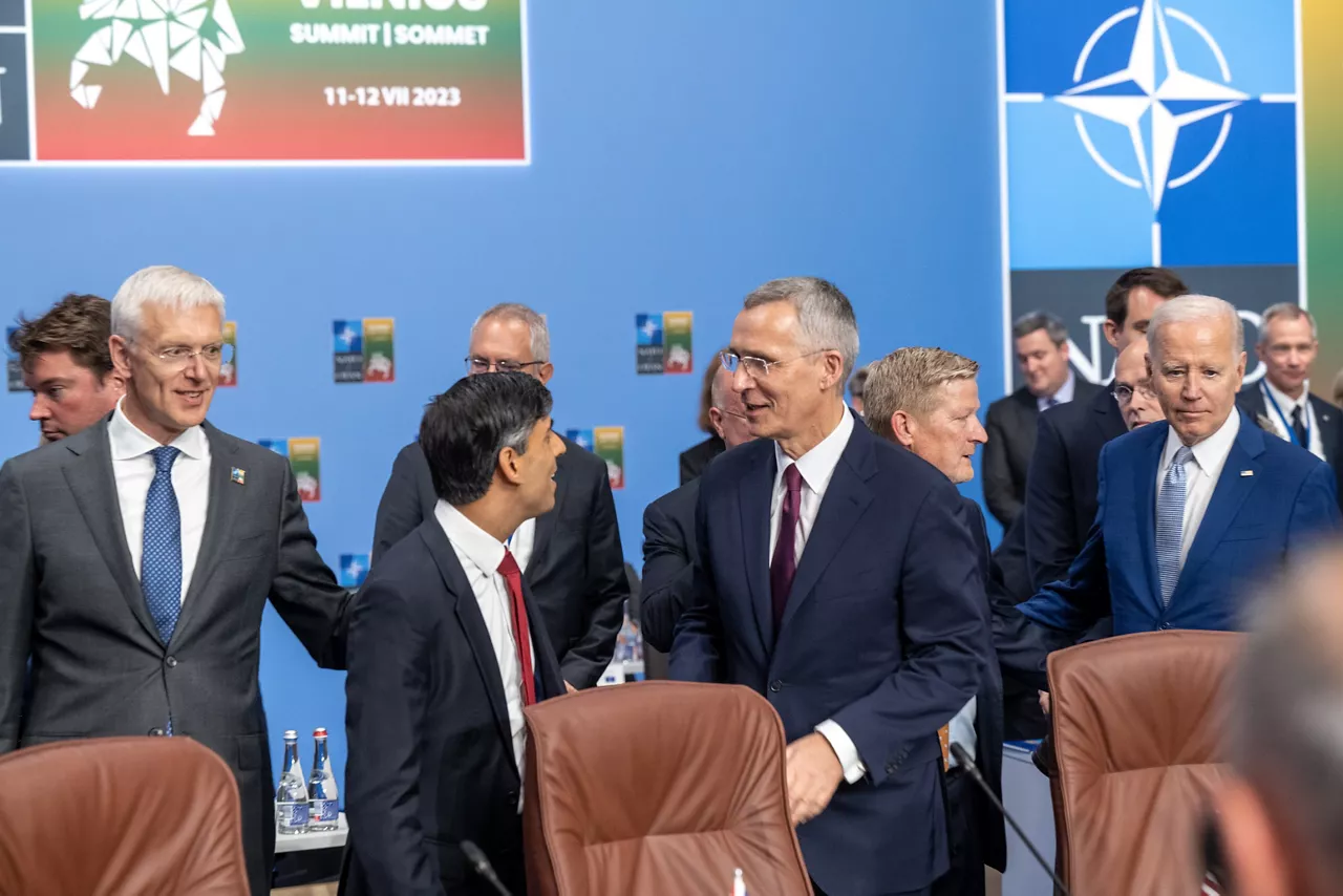 Left to right: Krišjanis Karins (Prime Minister of Latvia); Rishi Sunak (UK Prime Minister); NATO Secretary Jens Stoltenberg; US President Joe Biden