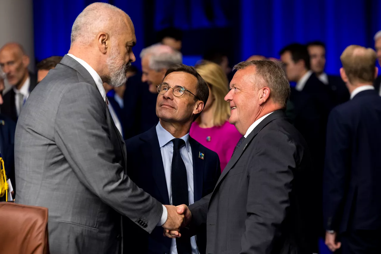 Left to right: Edi Rama (Prime Minister of Albania) with Ulf Kristersson (Prime Minister of Sweden) and Lars Lokke Rasmussen (Minister of Foreign Affairs, Denmark)