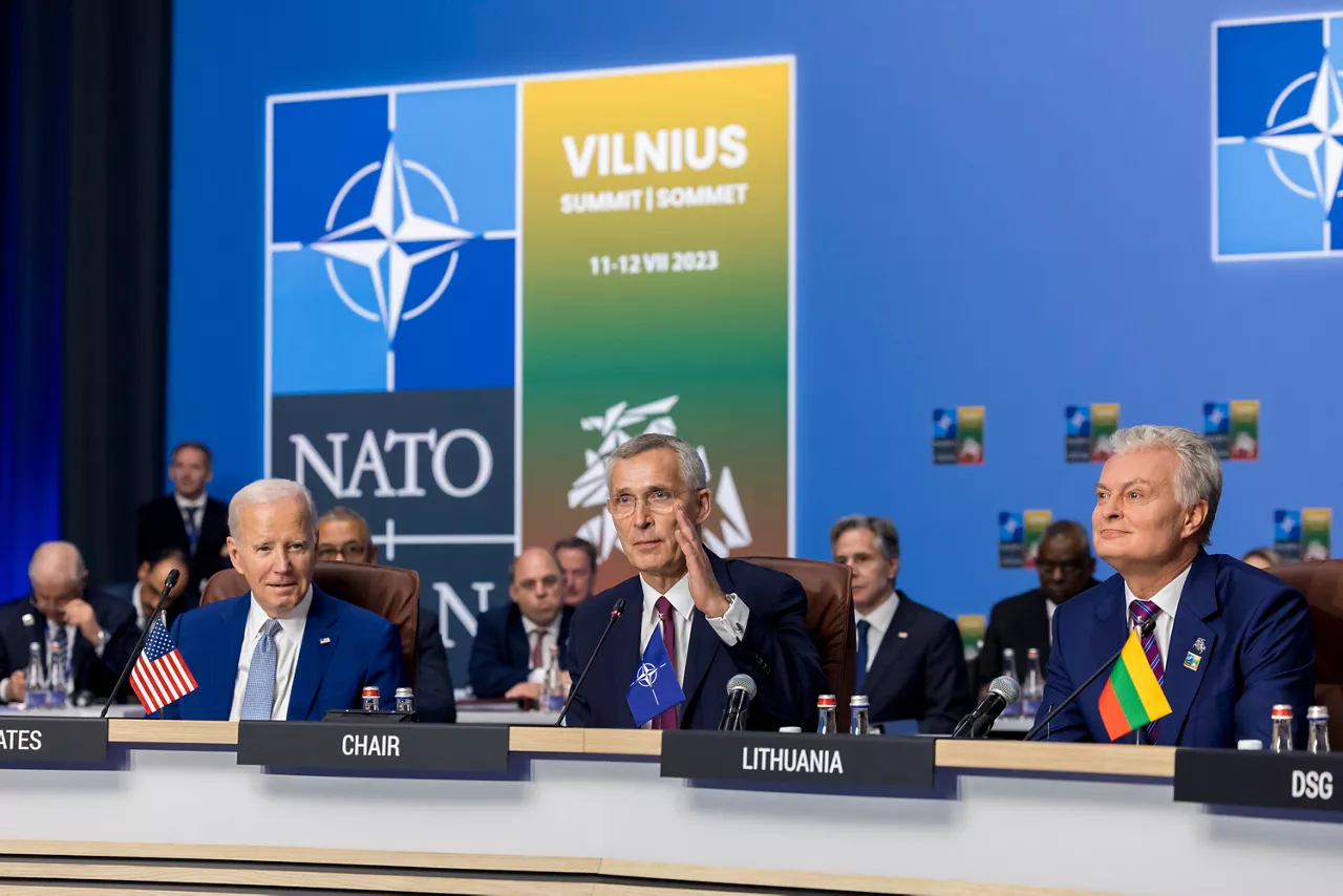 Left to right: US President Joe Biden with NATO Secretary General Jens Stoltenberg and President Gitanas Nauseda (Lithuania)